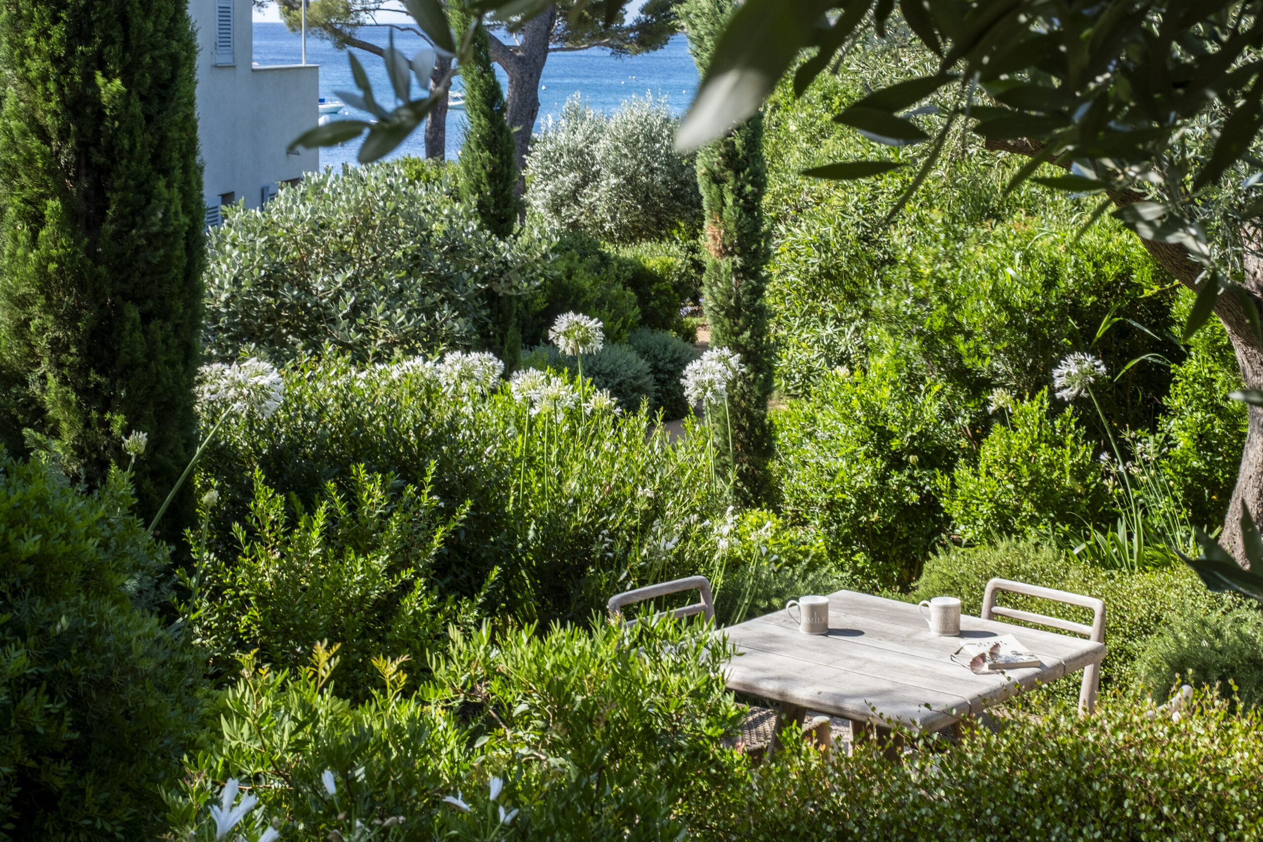 Coin repas en plein air — vue mer Coin repas en plein air sous oliviers et cyprès avec vue mer dans un jardin de villa par MR Paysage