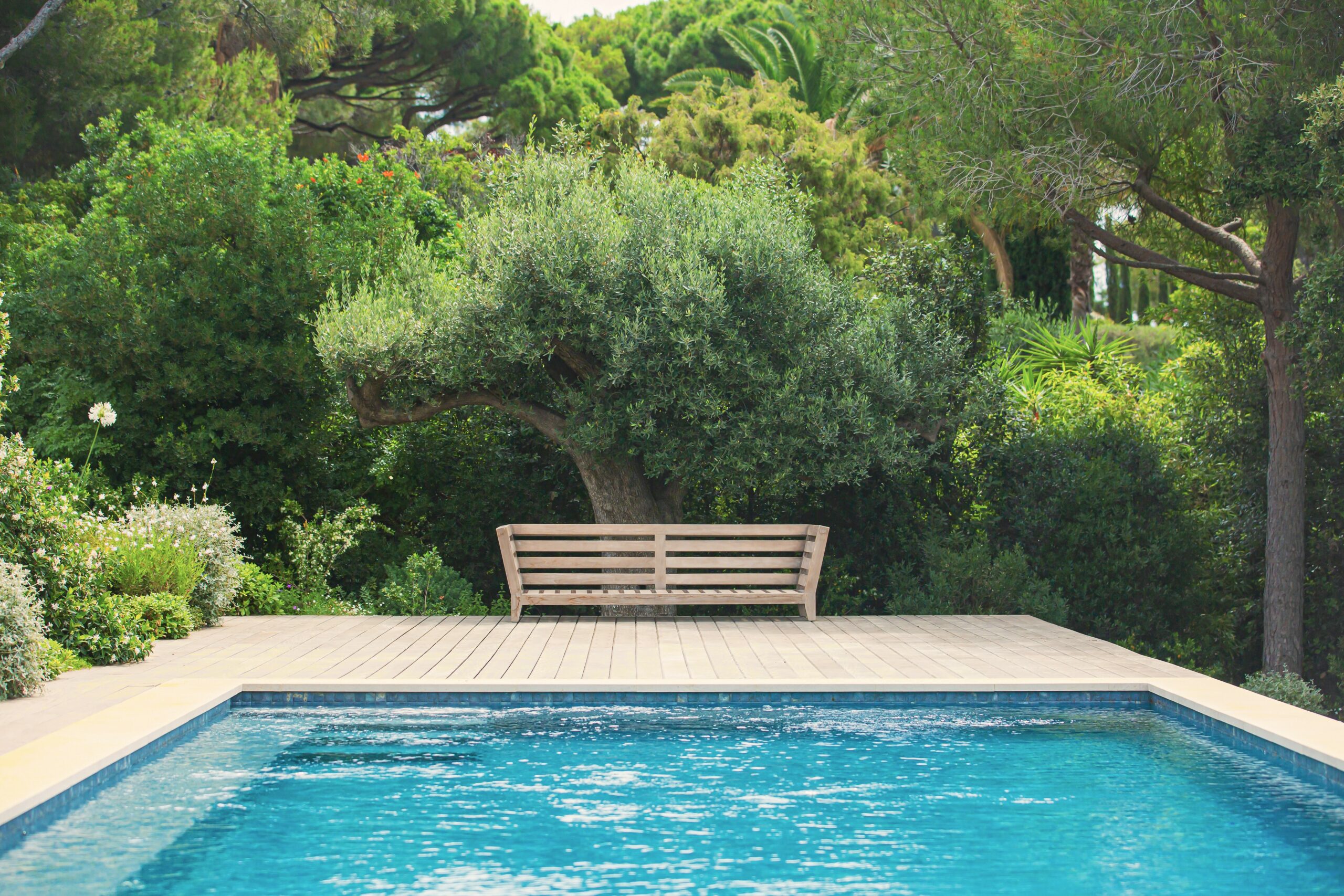 Bassin paysager intégré à un jardin de villa face à la baie de Cavalaire