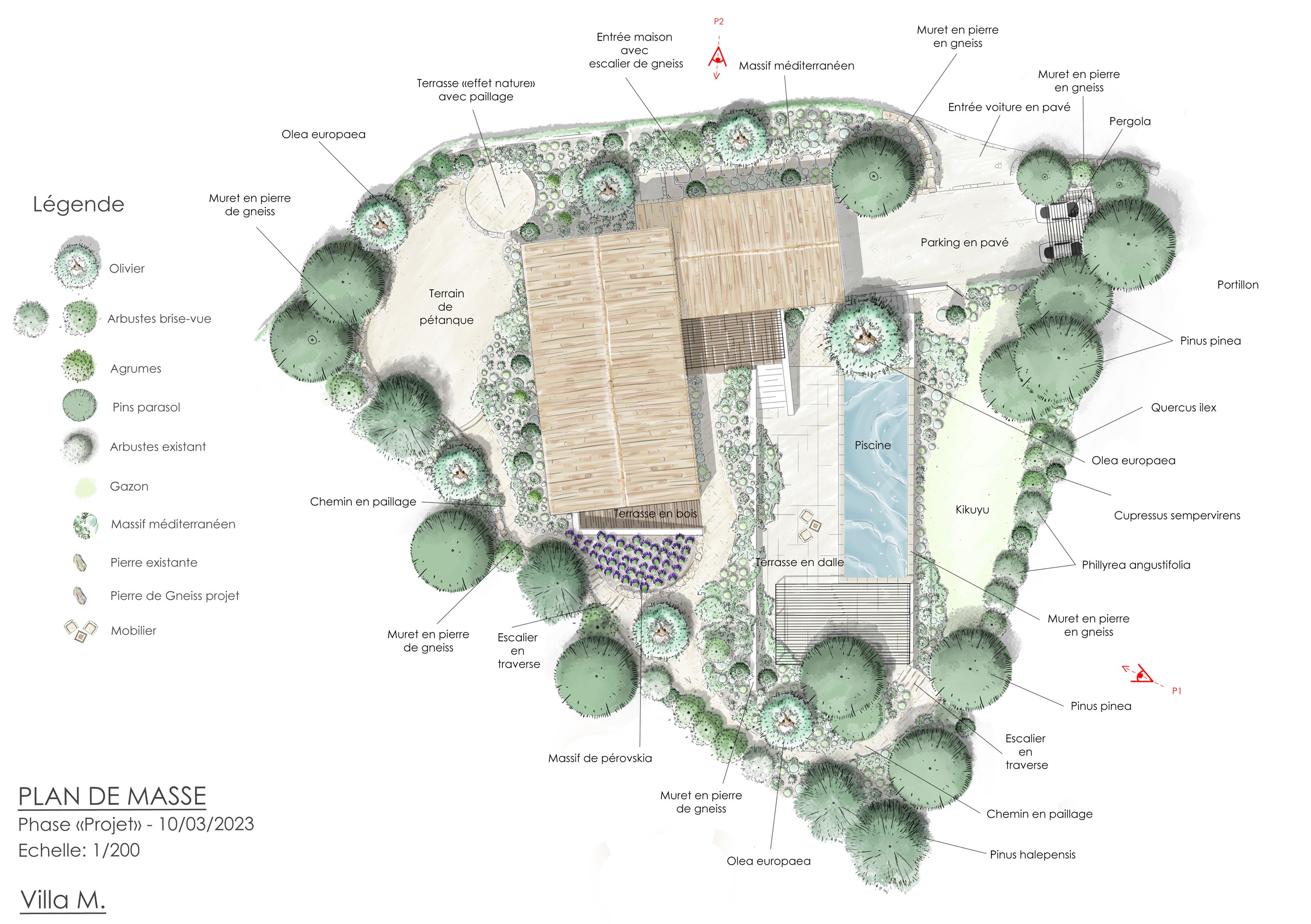 Plan de masse d'un projet de jardin de villa à Ramatuelle